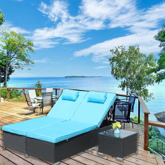 Patio Furniture Sets 3-Piece Outdoor Patio Furniture Set Chaise Lounge, Patio Reclining Rattan Lounge Chair Chaise Couch Cushioned with Glass Coffee Table, Adjustable Back and Feet, Lounger Chair for