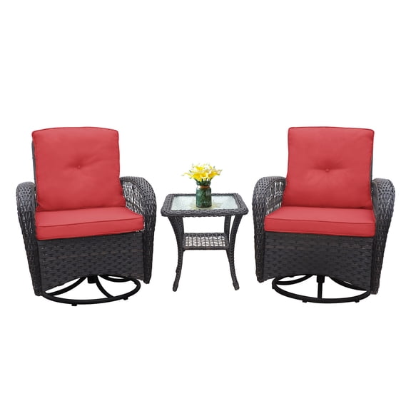 Patio Furniture Sets 3 Pieces Conversation Set, Outdoor Wicker Rocker Swivel Patio Bistro Set, Rocking Chair with Glass Top Side Table,Red,Outdoor Furniture Sets