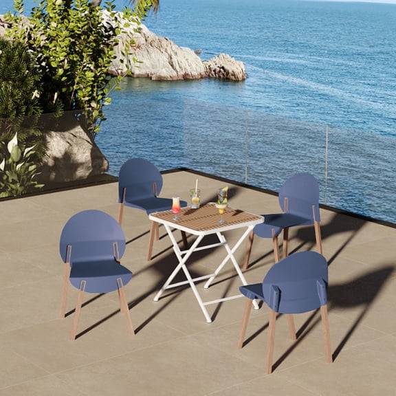 Patio Furniture Sets 4-Pack Grey Blue Chairs – Red Oak Wood Legs & PP Seat with Modern folding indoor/outdoor square table- PP tabletop with metal legs(White, khaki),Outdoor Dining Sets