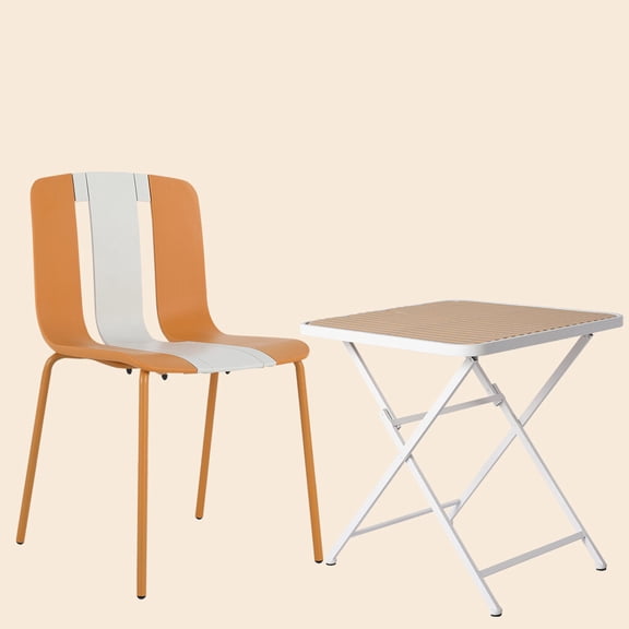 Patio Furniture Sets 4-Pack Modern Striped Color Block Chairs-Indoor/Outdoor PP Seat & Sturdy Metal Legs, White, Orange, Beige with Modern folding indoor/outdoor square table- PP tabletop with metal