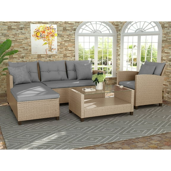 Patio Furniture Sets, 4-Piece Outdoor Sectional Sofa Set with Loveseat and Lounge Sofa, Armchair, Coffee Table, All-Weather Wicker Furniture Conversation Set for Backyard Garden, Q11972