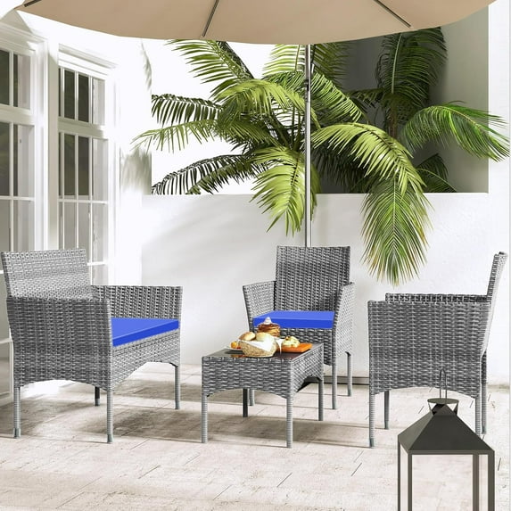 TINKLE WELL 4-Person Conversation Patio Furniture Wicker Patio Table and Chairs Set, Brown Dark Blue