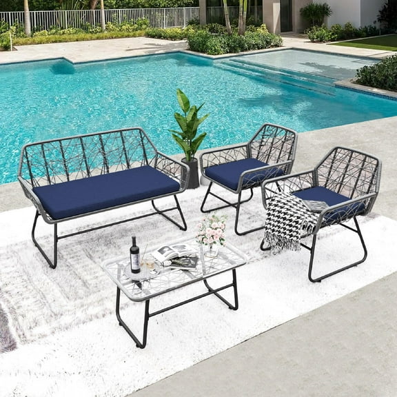 Patio Furniture Sets 4-piece wicker patio furniture set with tempered glass table, detachable blue cushion cover for easy cleaning,Suitable for backyard, balcony, etc,Outdoor Furniture Sets