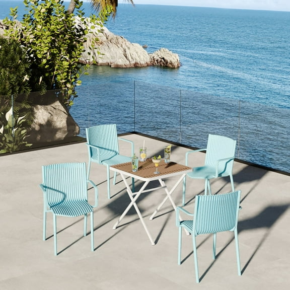 Patio Furniture Sets 4pcs Light Blue Grey Stackable PP Armchair for Indoor/Outdoor Use – Ergonomic Slatted Back with Modern folding indoor/outdoor multi-functional square table- PP tabletop with meta