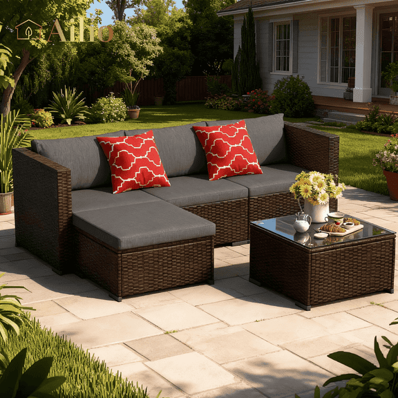 Patio Furniture Set, Aiho 5 Pieces Wicker Outdoor Sectional Sofa with Glass Coffee Table & Soft Cushions for Patio, Backyard, Gray