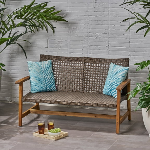 Patio Furniture Sets, HAMPTON WOOD + WICKER LOVESEAT, Natural Outdoor Patio Furniture Sets,Metal & Wood Garden Patio Furniture Sets,