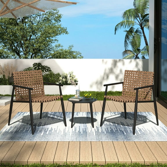 Patio Furniture Sets Modern Outdoor Chat Set: 2 PE Rattan Chairs + Black Steel & Tempered Glass Side Table – Durable & Stylish,Outdoor Furniture Sets