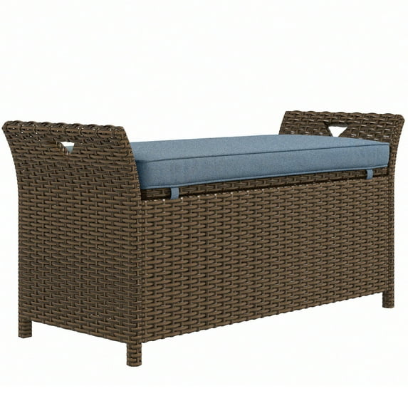 Patio Furniture Sets Outsunny 27 Gallon Patio Wicker Storage Bench, Outdoor PE Rattan Patio Furniture, 2-In-1 Large Capacity Rectangle Garden Storage Box with Handles and Cushion, Dark Blue,Outdoor D