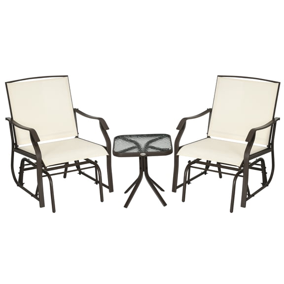 Patio Furniture Sets Outsunny 3 Piece Outdoor Glider Chair with Coffee Table Bistro Set, 2 Patio Rocking Swing Chairs with Breathable Sling Fabric, Glass Tabletop, for Backyard, Garden and Porch, Cr