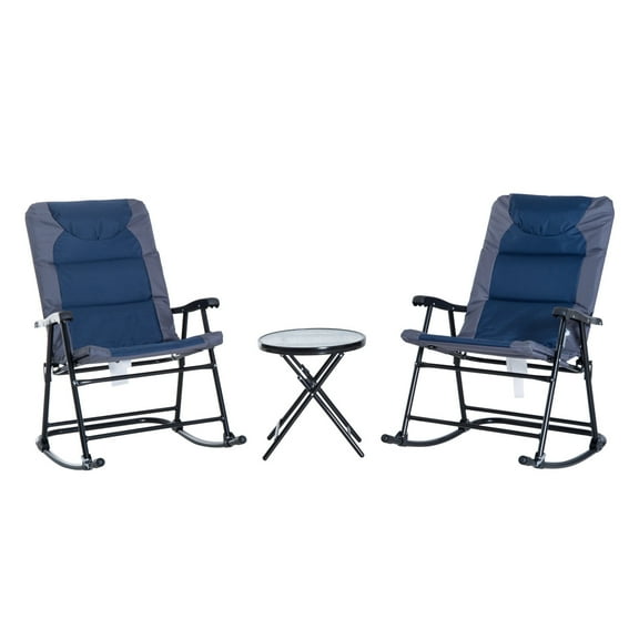 Patio Furniture Sets Outsunny 3 Piece Outdoor Patio Furniture Set with Glass Coffee Table & 2 Folding Padded Rocking Chairs, Bistro Style for Porch, Camping, Balcony, Navy Blue,Outdoor Dining Sets