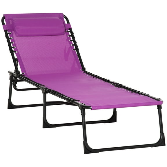 Patio Furniture Sets Outsunny Folding Chaise Lounge Pool Chair, Patio Sun Tanning Chair, Outdoor Lounge Chair w/ 4-Position Reclining Back, Pillow, Breathable Mesh & Bungee Seat for Beach, Yard, Pati