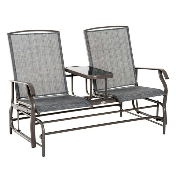 Patio Furniture Sets Outsunny Outdoor Glider Bench with Center Table, Metal Frame Patio Loveseat with Breathable Mesh Fabric and Armrests for Backyard Garden Porch, Gray,Outdoor Furniture Sets