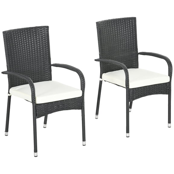 Patio Furniture Sets Outsunny Stackable PE Rattan Outdoor Dining Chairs with Cushions, Set of 2 Patio Wicker Dining Chairs with Armrests and Backrest for Patio, Deck, Cream White,Outdoor Dining Sets