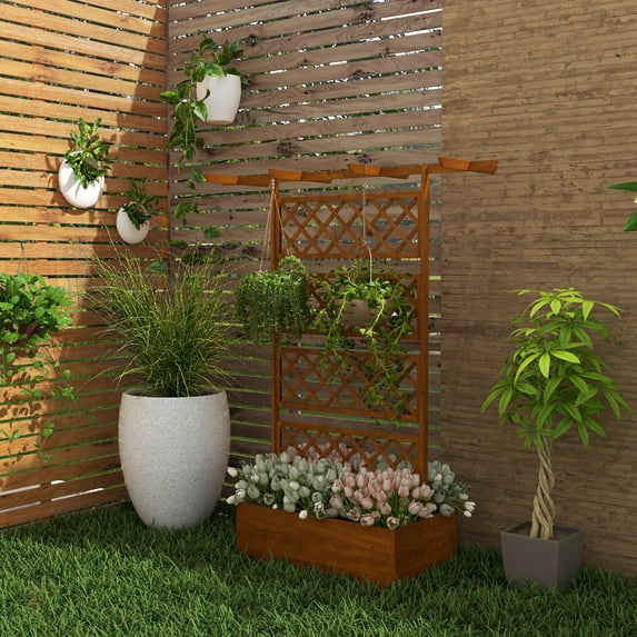 Patio Furniture Sets Outsunny Wood Planter with Trellis, Raised Garden Bed Privacy Screen Planter Box for Climbing Plants, Vines, Vegetables, Flowers,Outdoor Dining Sets