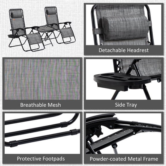 Patio Furniture Sets Outsunny Zero Gravity Chair Set with Side Table, Folding Reclining Chair with Cupholders & Pillows, Adjustable Lounge Chair for Pool, Backyard, Lawn, Beach, Gray,Outdoor Dining S