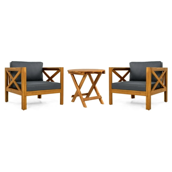 Patio Furniture Sets Patio Conversation Set, Outdoor Wood Conversation Seat(Set of 2),Armchair with Cushions,Foldable Acacia Wood Side Table,Teak Finish,Dark Grey cushion,Outdoor Patio Furniture Sets