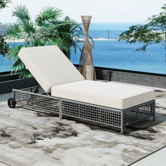 Patio Furniture TREXM Outdoor Lounge Chair, Patio Chaise Lounge with 5-Position Backrest, Rattan Outdoor Lounge Chair with Cushion and Wheels for Poolside, Backyard, Garden (Grey+Beige),Outdoor Sofa