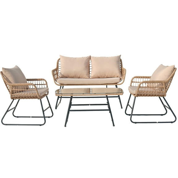 Patio Furniture Wicker Outdoor Bistro Set 4 Pcs All Weather Patio Rattan Conversation Loveseat Sets for Backyard, Balcony and Deck with Soft Cushions and Side Table