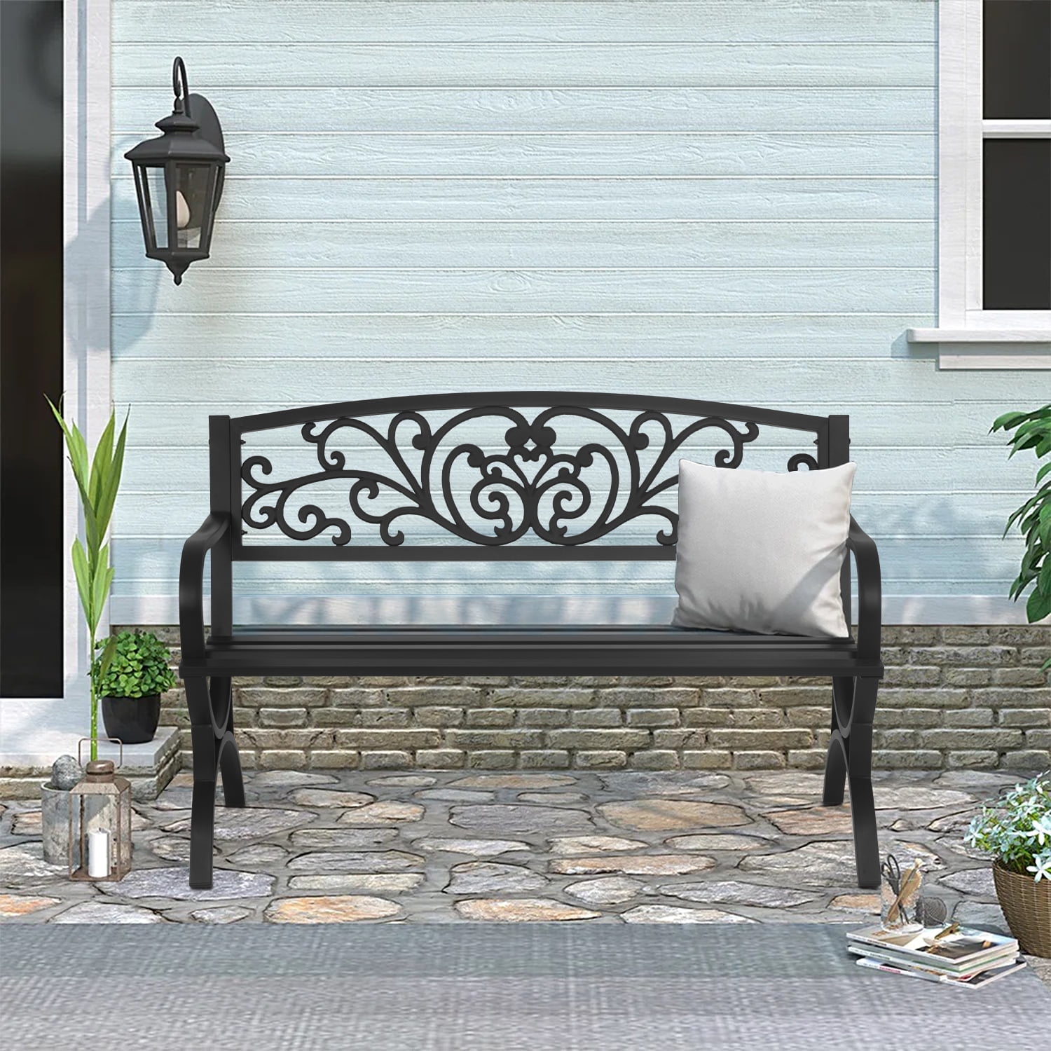 Walmart Black Friday Deals 2025 - Black Patio Garden Bench, 50 inch Outdoor Loveseat Chairs with Design Backrest for Lawn, Backyard
