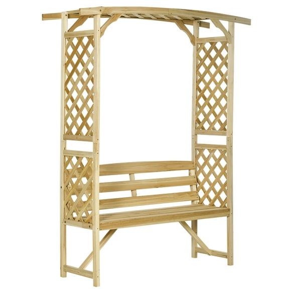 Patio Garden Bench Arbor Arch with Pergola and 2 Trellises, 3 Seat Natural Wooden Outdoor Bench for Grape Vines & Climbing Plants, Backyard Decor, Natural