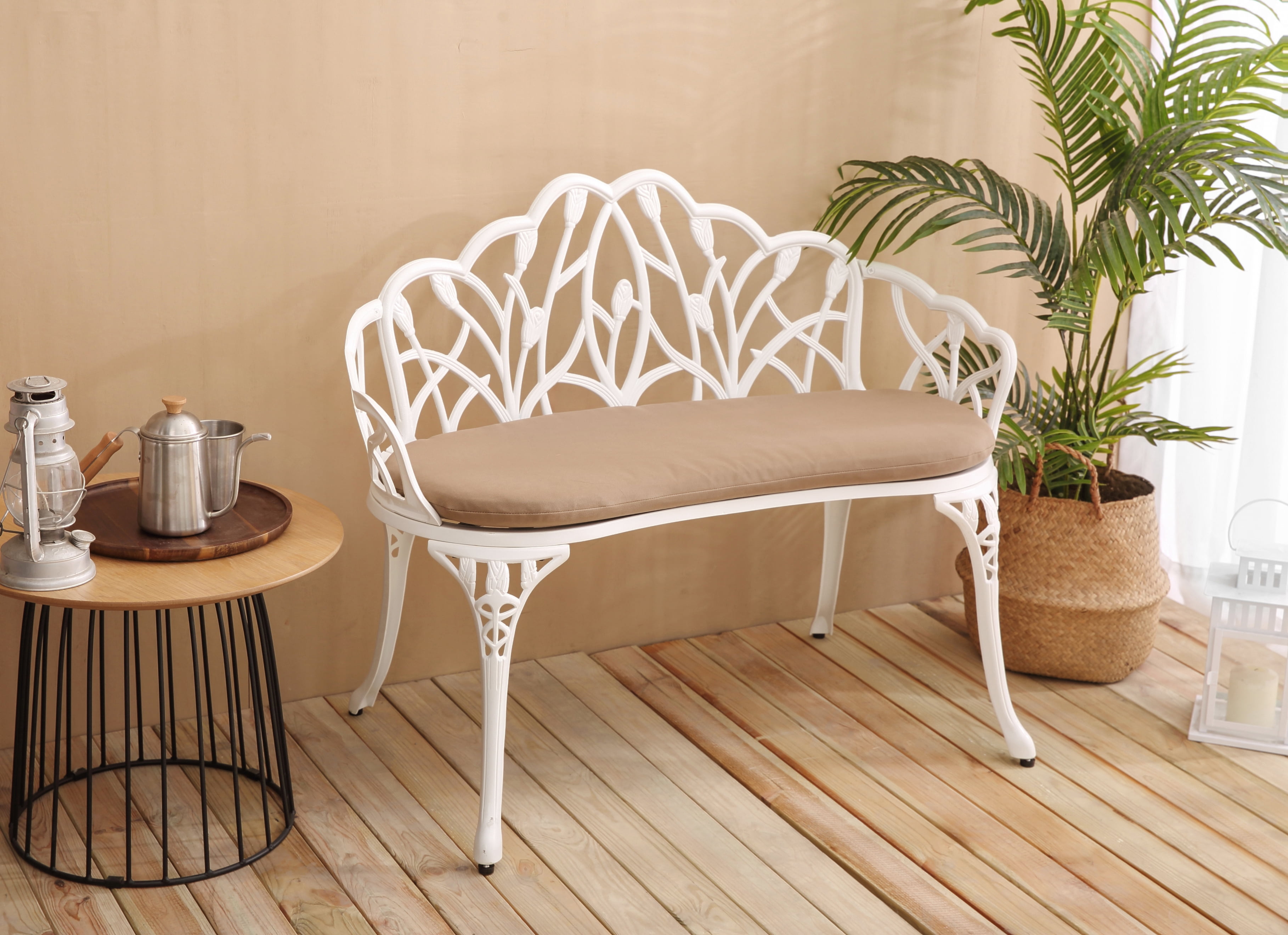 Patio Garden Bench Metal Park Bench Cast Aluminum Outdoor Furniture with Floral Rose for Patio, Park, Lawn, Yard with Cushion