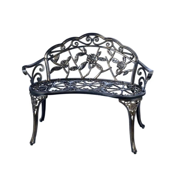Patio Garden Bench, Metal Park Chair Outdoor Furniture, Floral Rose Pattern Seating For Lawn Yard Porch, Weather Resistant Anti Rust Cast Aluminum Structure, Antique Vintage Style, Copper, Single Pac