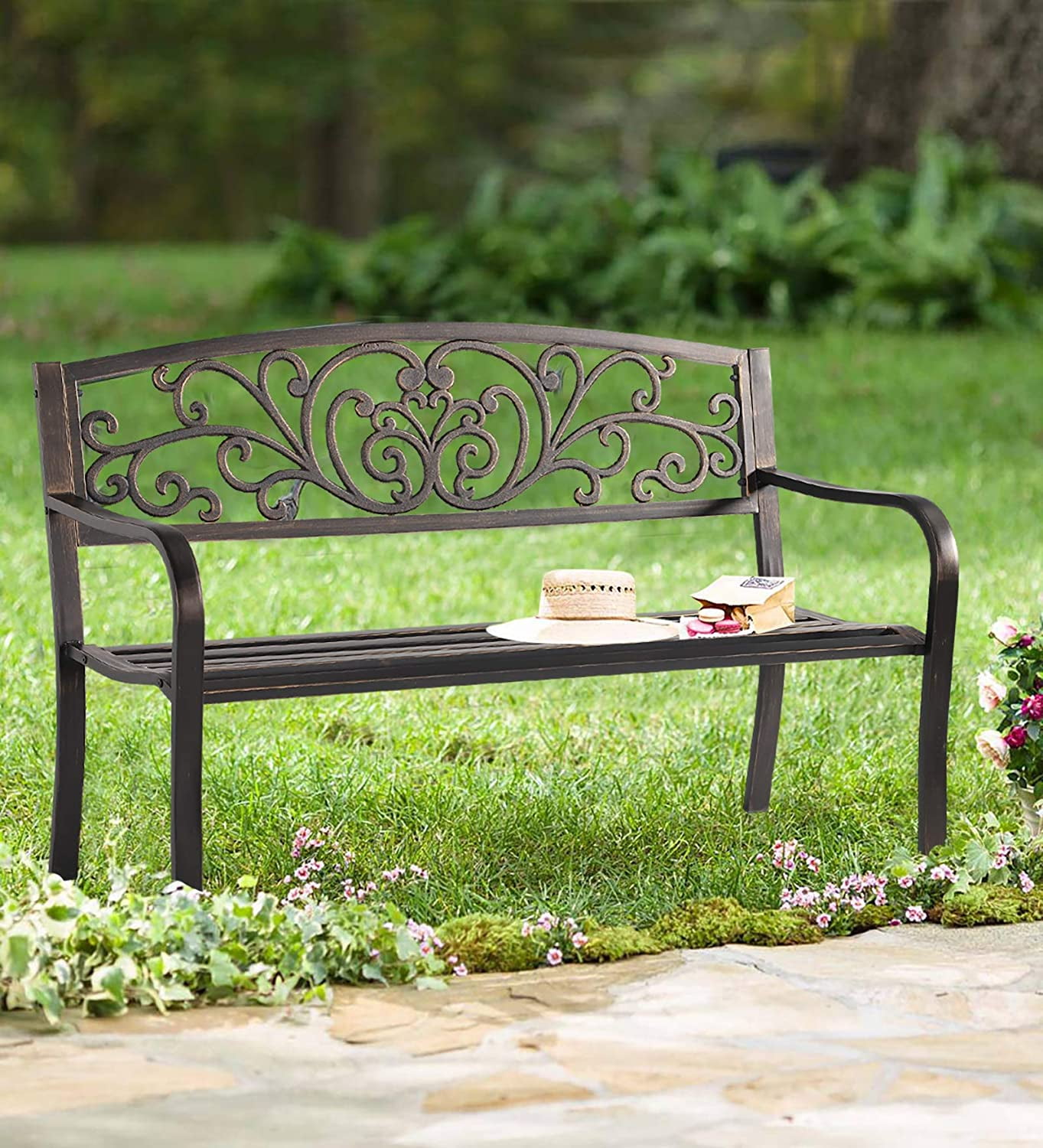 Patio Garden Bench Outdoor Metal Bench Park Yard Furniture Cast Iron