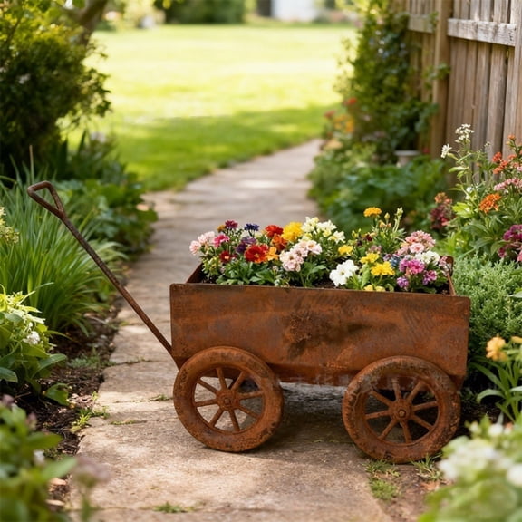Patio Garden Planter, Wagon Wheel Decor, Rustic Outdoor Decor, Metal Outdoor Decor, 8X7X4.5 in Small Rusted Wagon Shaped Metal Trough for Yard and Outdoor Display