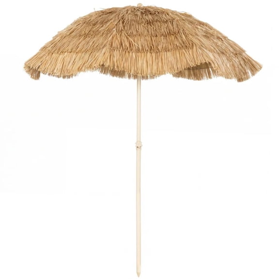 Patio Garden Umbrella Faux Straw Tropical Terrace Umbrella Adjustable Height Beach Umbrella with Spiral Base & Carry Bag for Outdoor Patio Beach