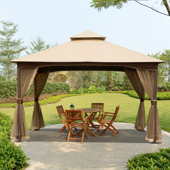Patio Gazebo,Outdoor Pergola,10x13ft Gazebo with Mosquito Netting,Waterproof Double-Roof Canopy,Metal Frame Canopies