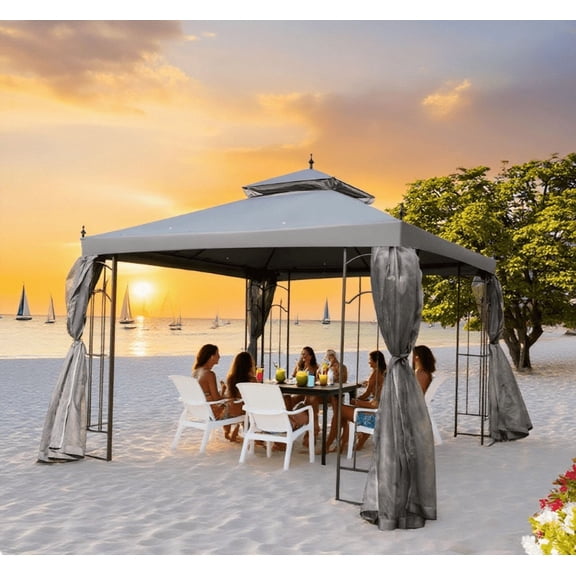 Patio Gazebo with Corner Frame Shelves, Double Roof Outdoor Gazebo Canopy Shelter