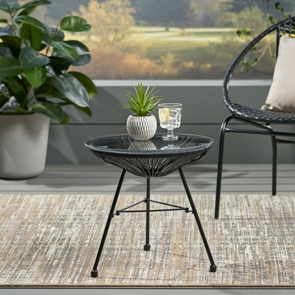 Patio Glass End Table, Small Round Side Table With Woven Table Base, Outdoor Coffee Table, Rattan Table With Tempered Glass For Garden, Backyard
