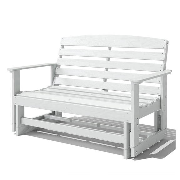 Patio Glider Bench - HDPE Rocking Chair, Distressed White - Outdoor Loveseat for 2 - Weatherproof Porch Furniture - Smooth Rocking Motion