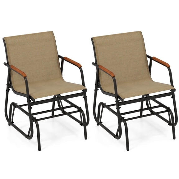 Patio Glider Chair Set of 2 w/ Curved Teak Armrests & Breathable Fabric Seat