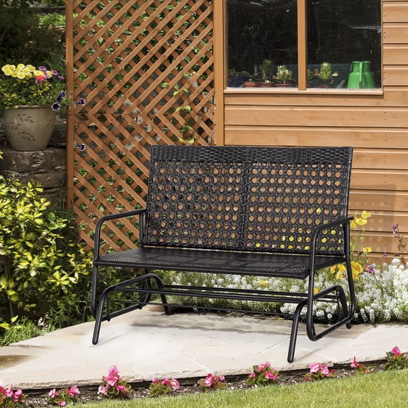 Outsunny Patio 2-Person Wicker Glider Bench Rocking Chair, Outdoor All-Hand Woven PE Rattan Loveseat w/ Ergonomic Design Rocking System for Patio, Garden, Porch, Lawn, Black