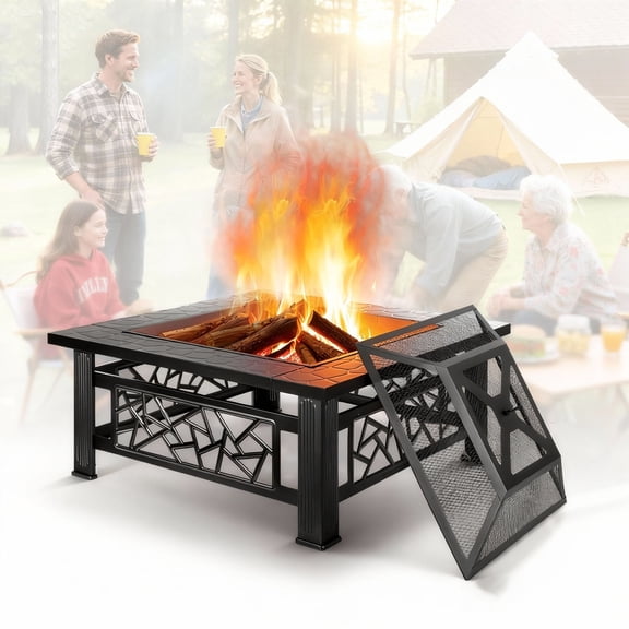 Fire Pits for Outdoor Use, 32" Outdoor Bonfire Wood Burning Fire Stove with Grate, BBQ Grill, Poker and Mesh Lid, Portable Metal Square Fire Stove for Picnic, Party, Camping, Garden, D3663