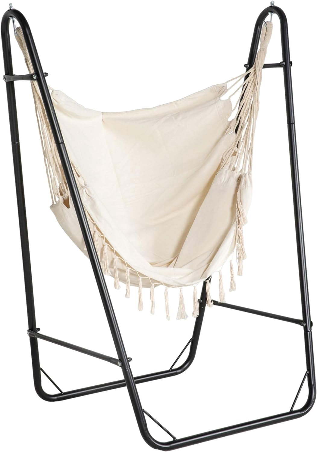 Patio Hammock Chair with Stand, Outdoor Hammock Swing Hanging Lounge Chair with Side Pocket and Headrest, Cream