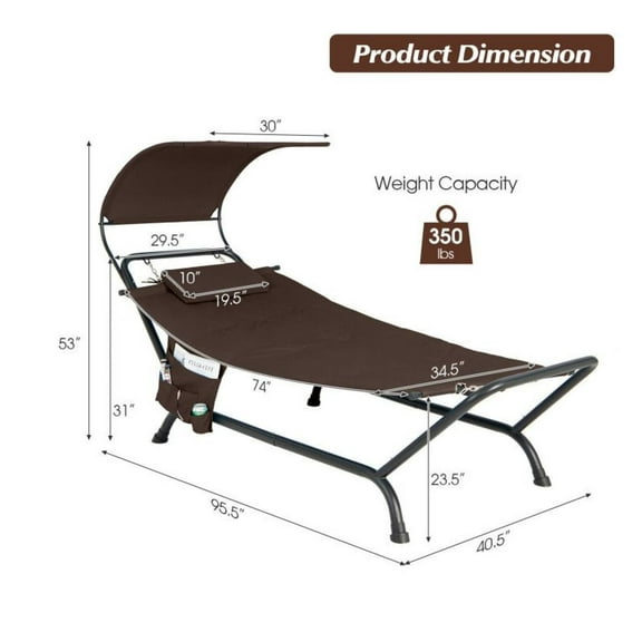 Patio Hanging Chaise Lounge Chair with Canopy, Cushion & Pillow - Outdoor Hammock Bed for Backyard, Deck, Poolside - Beige/Brown/Navy - 350lbs Capacity