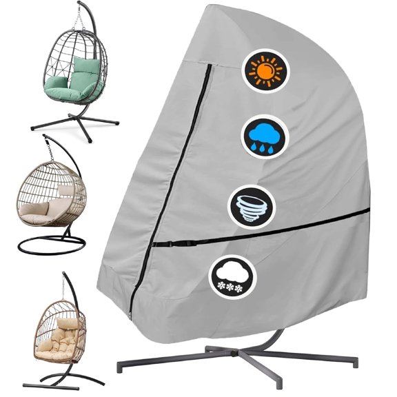 Patio Hanging Egg Chair Cover Single Seat, 600D Heavy Duty Waterproof Outdoor Wicker Swing Egg Chair with Stand Protector Fits up to 75L x 45W Inch