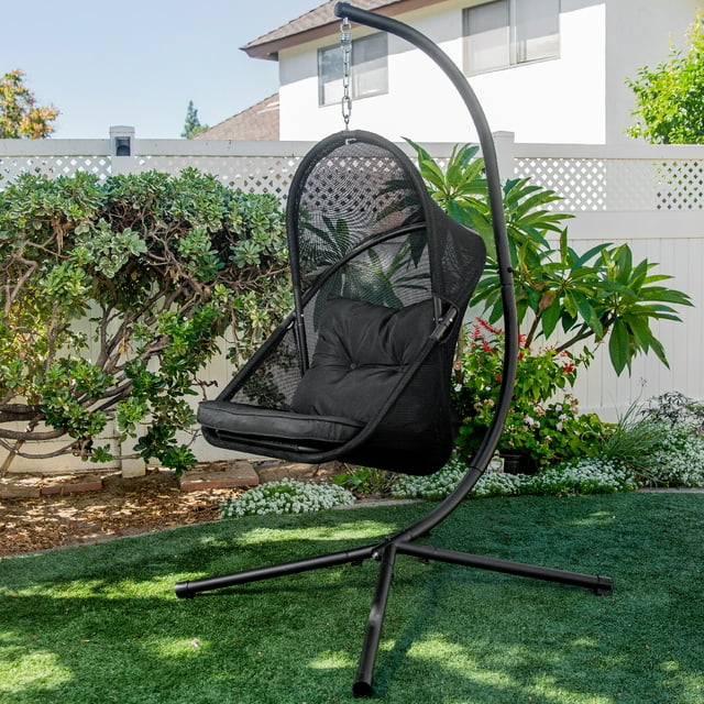 Patio Hanging Egg Chair W/ Canopy Chair with Cushion Basket Lounge Seat Collapsible Chair Seat, Black