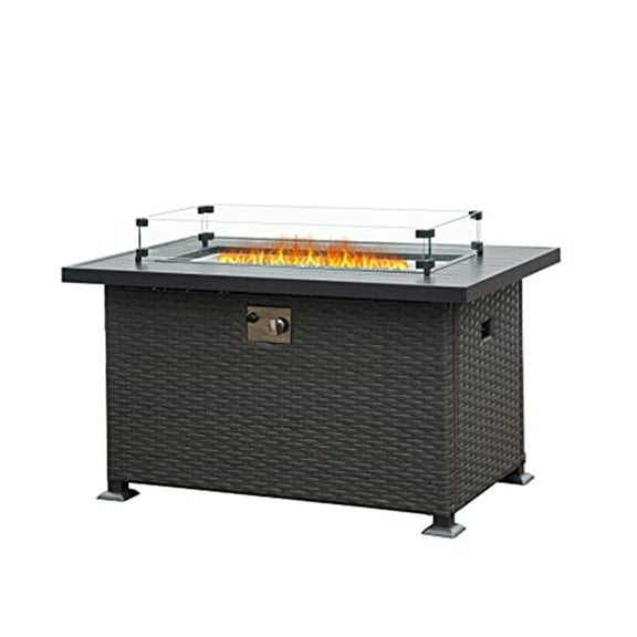 Patio Heater 43.3 Inch Fire Pit Table with Glass Wind Guard, 50,000 BTU Smokeless Fire Pits for Outside with Aluminum Tabletop, Outdoor Wicker Gas Fire Pits for Patio,Propane Heater