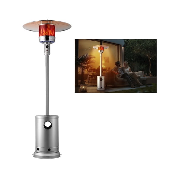 Patio Heater Propane, 50000 BTU Outdoor Heater with Table, Tall Hammered Bronze Finish, Fixed Patio Heater with Wheels for Garden, Backyard, Party, Silver