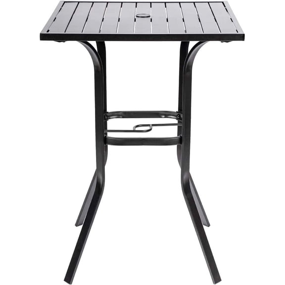 Patio Height Bar Table, Outdoor Bistro Square High Top Dining Table with 1.57'' Umbrella Hole & Steel Slat Table Top (Black)