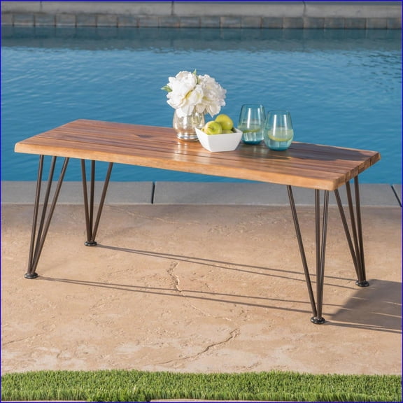 Patio Industrial Rustic Coffee Table - Acacia Wood & Iron, Teak Finish | Teak | Metal & Wood