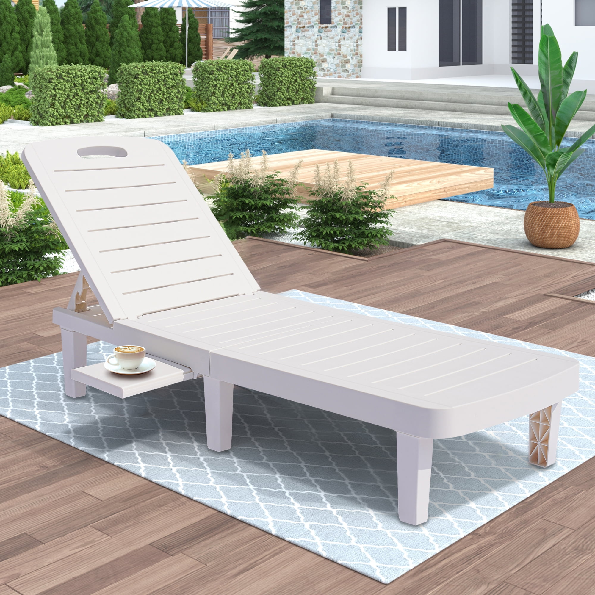 Patio Lounge Chair, Adjustable Chaise Lounge with Side Table, Outdoor  Lounger Recliner for Poolside, Patio, Backyard, Wood Texture Design, Waterproof, Easy to Assemble