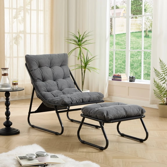 Patio Lounge Chair Ottoman Sling Recliner Cushion Foot Stool Black Frame Grey