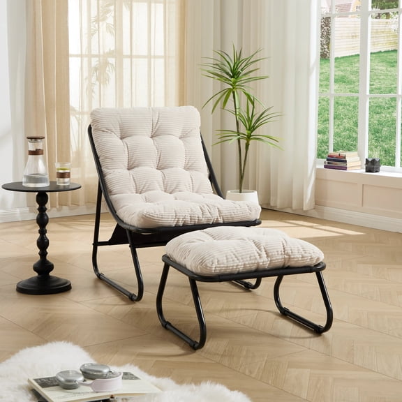 Patio Lounge Chair Ottoman Sling Recliner Cushion Foot Stool Black Frame White