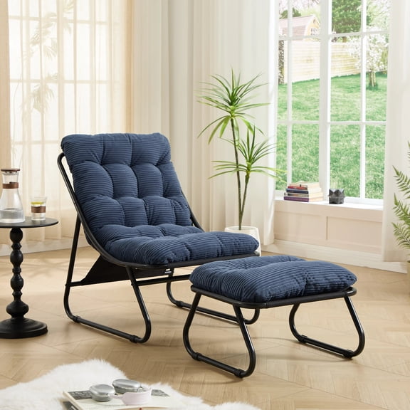 Patio Lounge Chair Ottoman Sling Recliner Cushion Foot Stool Navy Blue Black