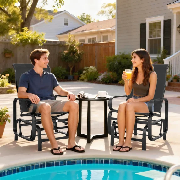 Outdoor Gliding Lounge Chair Set of 2 – Patio Glider with High Back & Ergonomic Head Support, Weather-Resistant Mesh, Smooth Glide Mechanism for Backyard Garden Porch