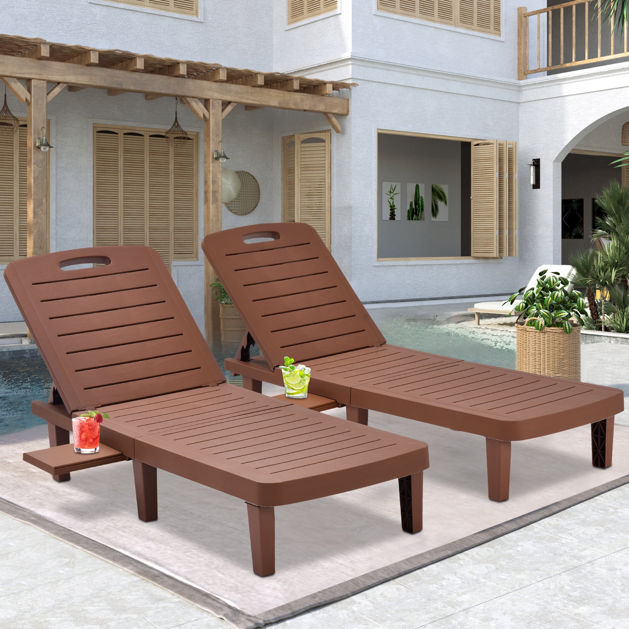 Patio Lounge Chair Set of 2, Adjustable Chaise with Side Table, Outdoor  Lounger Recliner for Poolside, Patio, Backyard, Wood Texture Design, Waterproof, Easy to Assemble